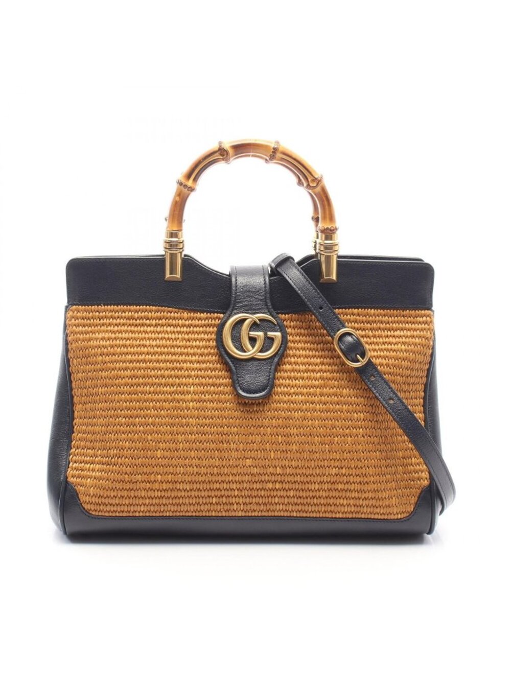 Gucci Handbag GG Marmont Bamboo 2-Way Brown Navy Leather Handle Tote